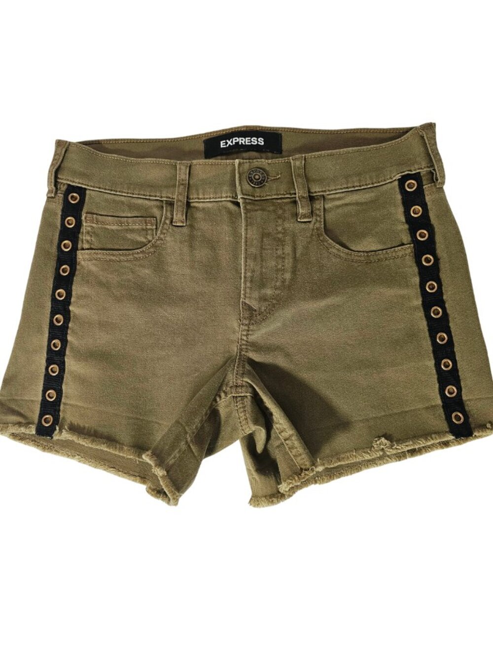 Express Olive Brown Mid Rise Shortie, Soft Stretch Denim, Size 2